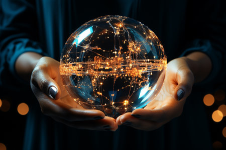 Close up of woman's hands holding glowing globe. Global business concept. 3D Renderingの素材