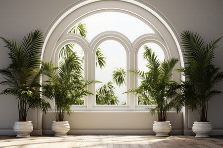 tropical garden with palm trees and archway,3d renderの素材