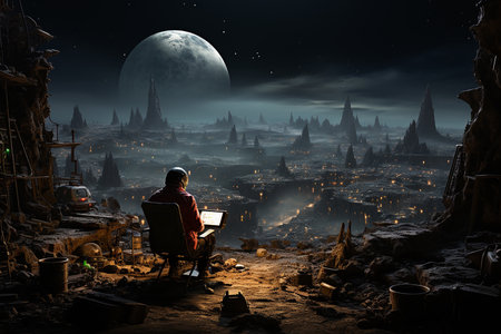 Man sitting on the edge of the mine and looking at the moonの素材