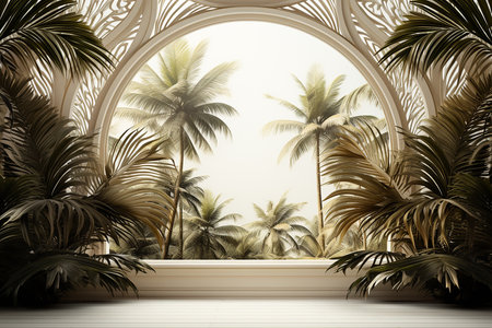 Palm trees in front of the window, 3d render illustrationの素材