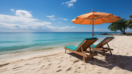Beach chairs and umbrella on a tropical beach with turquoise waterの素材