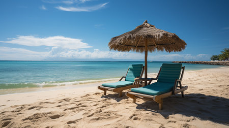 Beach chairs and umbrellas on tropical beach in summer.の素材
