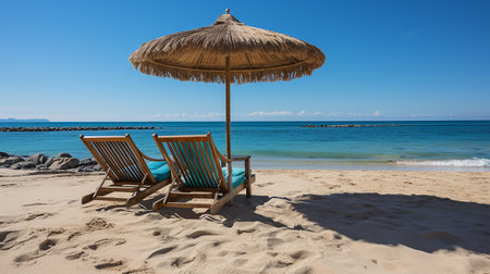 Beach chairs and umbrella on the sandy beach of the Caribbean Seaの素材