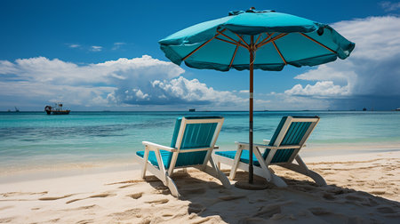 Beach chairs and umbrella on a tropical beach with turquoise waterの素材