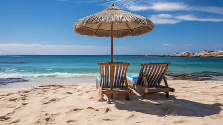 Beach chairs and umbrella on the sandy beach of the Caribbean Seaの素材