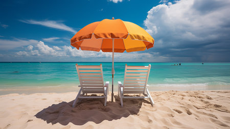 Beach chairs and umbrella on beautiful tropical beach with turquoise waterの素材
