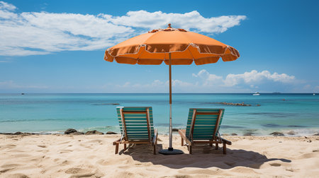 Beach chairs with umbrella on a tropical beach with turquoise waterの素材