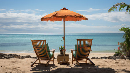 Beach chairs and umbrella on the beach. Beautiful tropical landscape.の素材