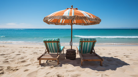 Beach chairs and umbrella on a beautiful tropical beach in Crete, Greeceの素材