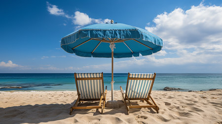 Beach chairs and umbrella on a tropical beach in Okinawa, Japanの素材