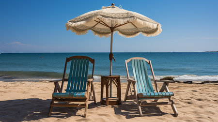 Beach chairs and umbrella on the sandy beach of the Mediterranean Seaの素材