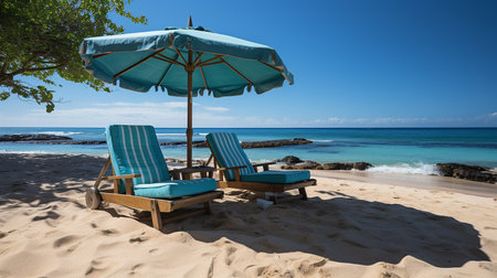 Beach chairs and umbrella on beautiful tropical beach, Seychellesの素材