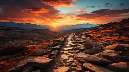 Hiking trail at sunset in the Sierra Nevada mountains, California, USAの素材