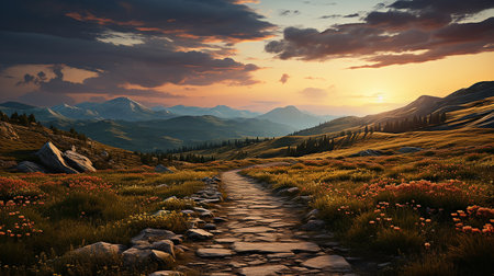 Sunset in the mountains with a path and flowers in the foregroundの素材