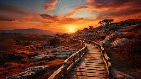 Wooden path leading to the sunset in the mountains of Crimea.の素材