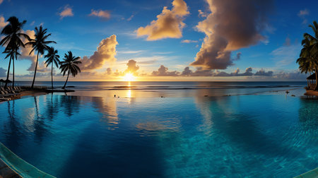 Beautiful sunrise over infinity pool with palm trees and reflection in waterの素材