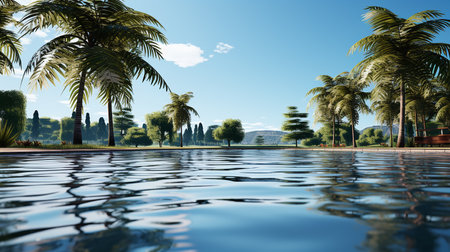 Swimming pool with palm trees and blue sky. 3d renderingの素材