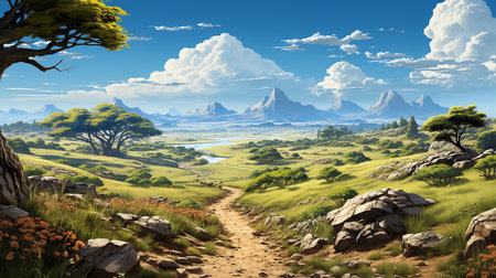 Fantasy landscape with path to the lake. 3D illustration.の素材