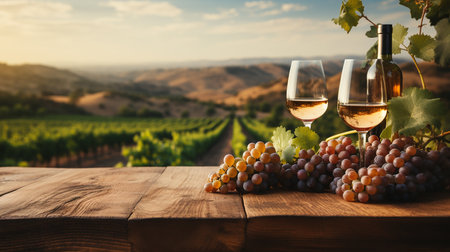 Wine tasting in Tuscany, Italy. Two glasses of white and rose wine on wooden table in vineyard.の素材