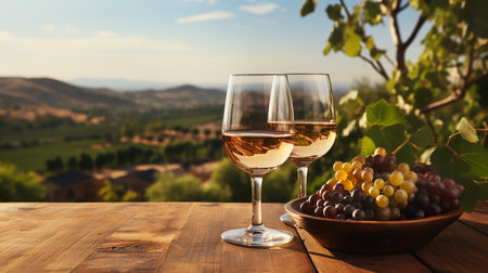 Two glasses of white wine on a wooden table in vineyard, Tuscany, Italyの素材