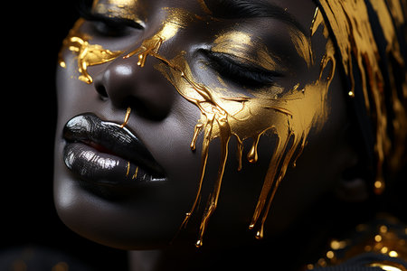 Close-up portrait of a beautiful african american woman with golden makeup on her faceの素材