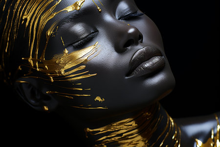 Beautiful black woman with golden makeup on black background. fashion artの素材