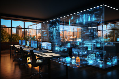 3d rendering of a modern office interior with computers and a city viewの素材