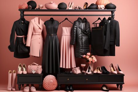 Women's clothing and accessories on a hanger. 3d renderingの素材