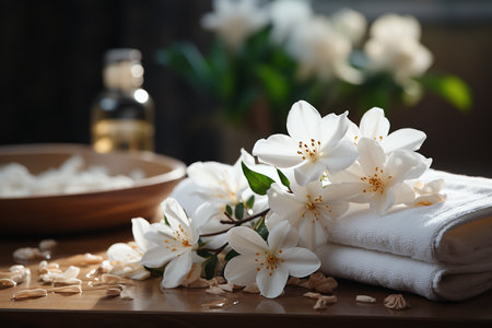 Spa composition with jasmine flowers and towels on wooden tableの素材