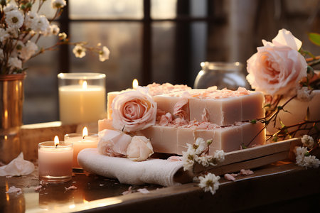 Spa still life with rose soap, candles and flowers on the tableの素材