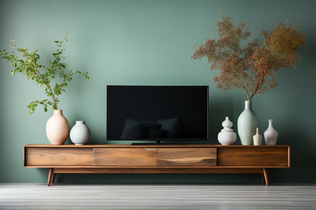 TV on wooden cabinet in modern living room interior with plant. 3d renderの素材