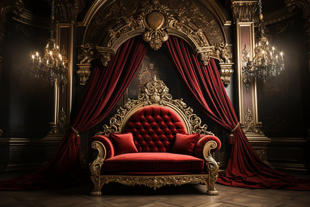 Luxurious royal interior. Classic armchair with red velvet curtains. 3d renderの素材
