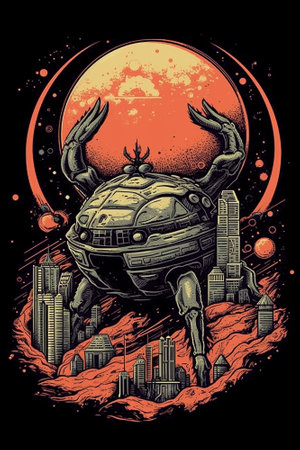 Vintage style illustration of an alien spaceship in the moonlight.の素材