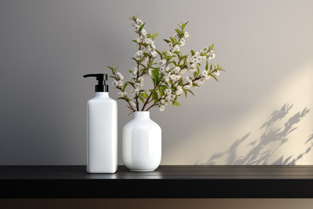 White cosmetic bottles on a black table against a gray wall. Mock up, 3D Renderingの素材