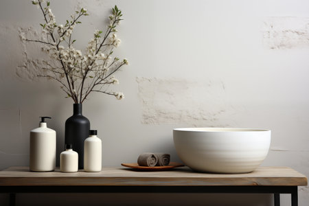 Bathroom interior with wooden table, soap and flowers on wall backgroundの素材