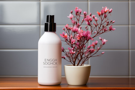 cosmetic bottle lotion cream serum product with flower in pot decorationの素材