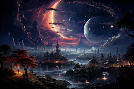 Fantasy landscape with ancient temples, pagodas and temples.の素材
