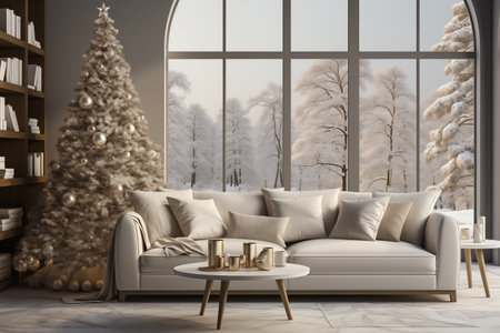 Christmas living room interior with a large window. 3d rendering mock upの素材