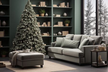 Interior of modern living room with Christmas tree, sofa and bookshelfの素材