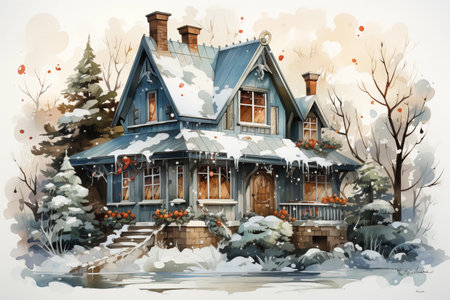 Beautiful house in winter forest. Digital watercolor painting illustration.の素材