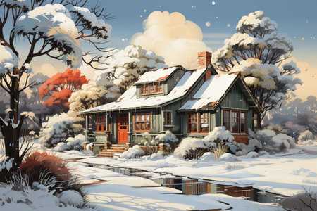 Winter landscape with wooden house in the countryside. Digital painting. Vector illustration.の素材