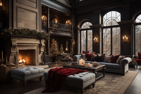 Luxury living room interior with fireplace and christmas tree.の素材