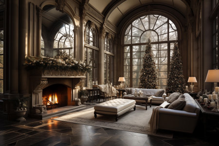 Luxury living room with fireplace and Christmas tree. 3d rendering.の素材