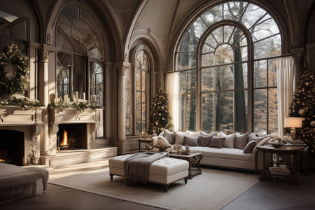 Luxury living room with fireplace and christmas tree in the backgroundの素材