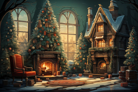 Christmas interior with fireplace and christmas tree, illustration in a fantasy styleの素材