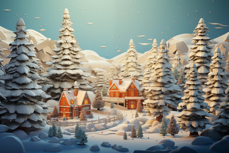 Winter landscape with a village in the snow. 3D illustrations.の素材