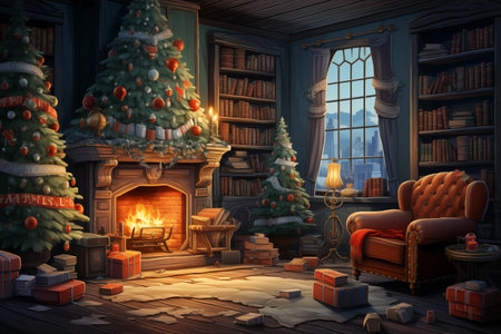Illustration of a Christmas living room with a fireplace and a Christmas treeの素材