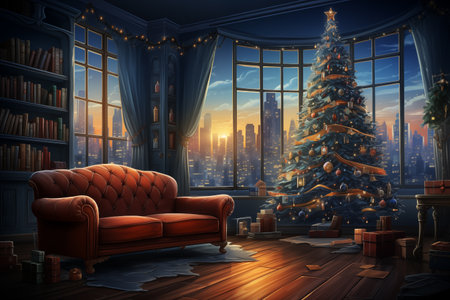 Christmas tree in the living room with a sofa and a Christmas treeの素材