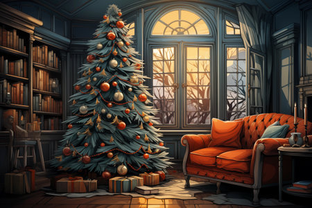 Christmas living room interior with Christmas tree, sofa, armchair and bookshelf. Illustrationの素材