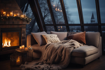 Cozy living room interior with fireplace and comfortable sofa. Winter evening.の素材
